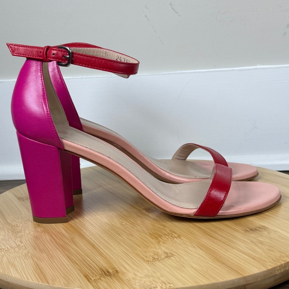 Stuart Weitzman Nearlynude Block Heels Women 9 Pink Red Barbiecore Leather Bold